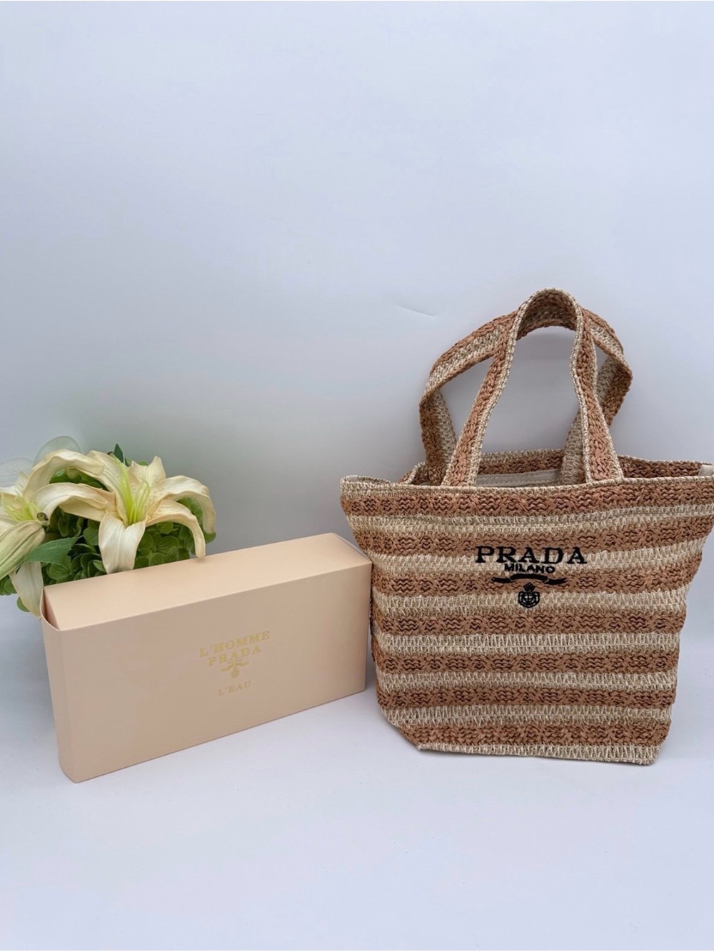 Prada Perfume Raffia Straw VIP Cosmetic Pouch Makeup Bag Toilet Pouch.